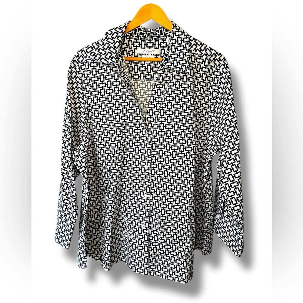 Foxcroft OVERSIZED Easy Care Button Down Shirt Black White Chain Pattern Sz XXL